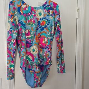 Vibrant Floral Long Sleeve Leotard in Aqua & Multicolor